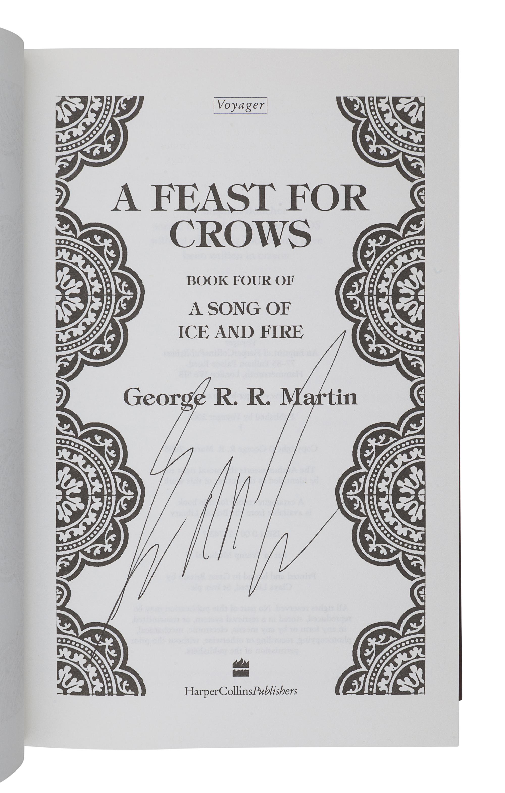 MARTIN, George R. R. (b. 1948). [A Song of Ice and Fire series:] A Game of Thrones -- A Clash of Kings -- A Storm of Swords -- A Feast for Crows . London: Voyager, Harper Collins, 1996, 1998, 2000, 2005.