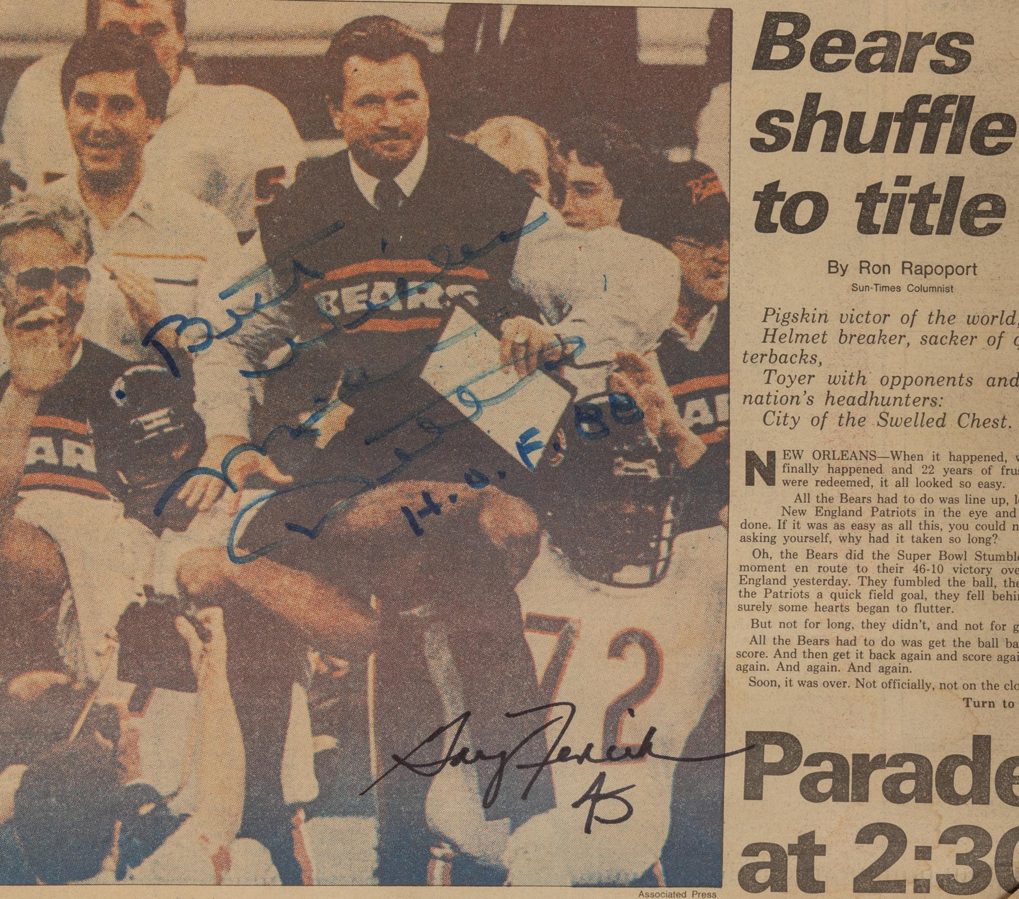 Mike Ditka's Personally Owned January 27, 1986 Chicago Sun-Times Featuring Multiple Autographs from Members of Super Bowl XX Championship Team,