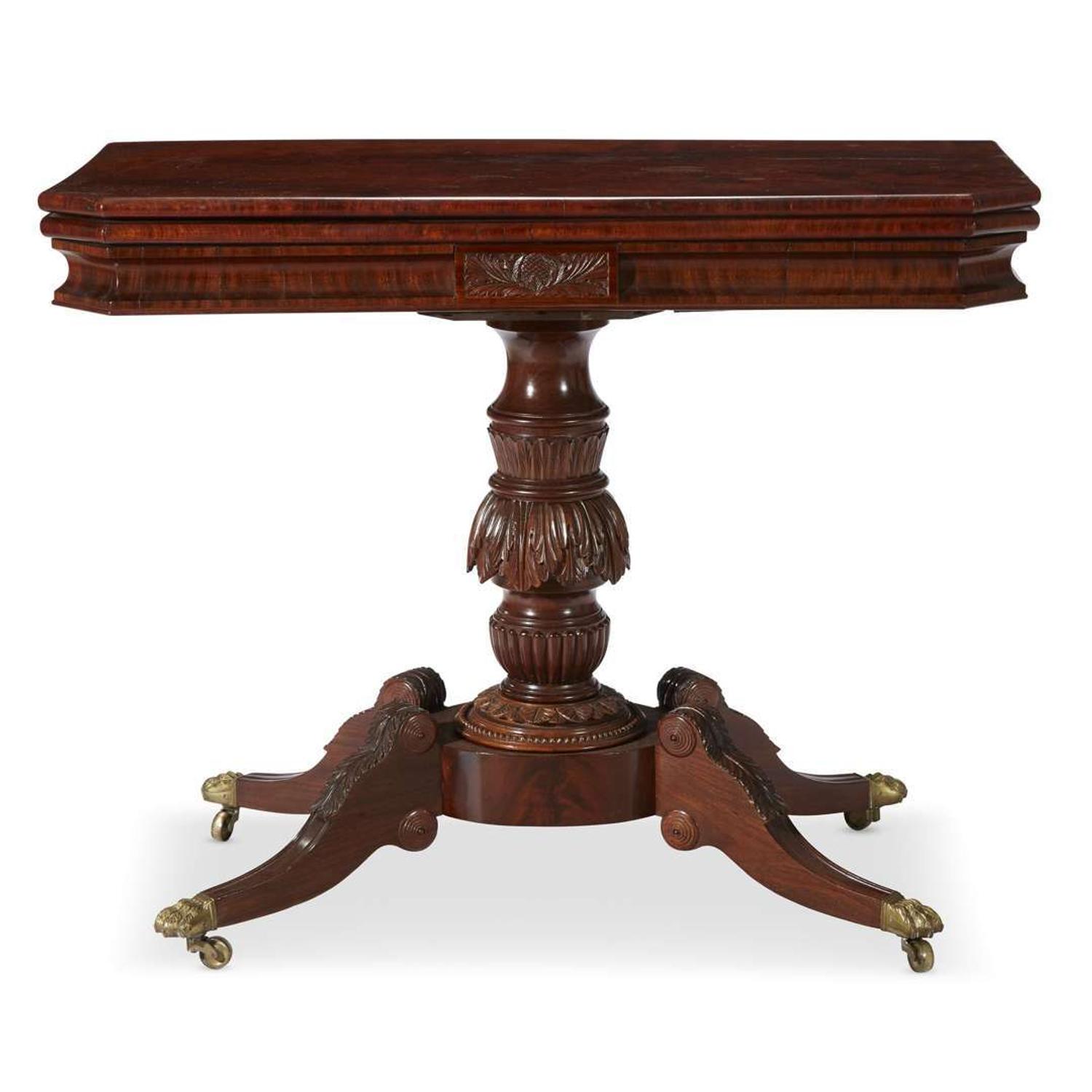 Classical carved and figured mahogany card table New York, NY, circa 1827