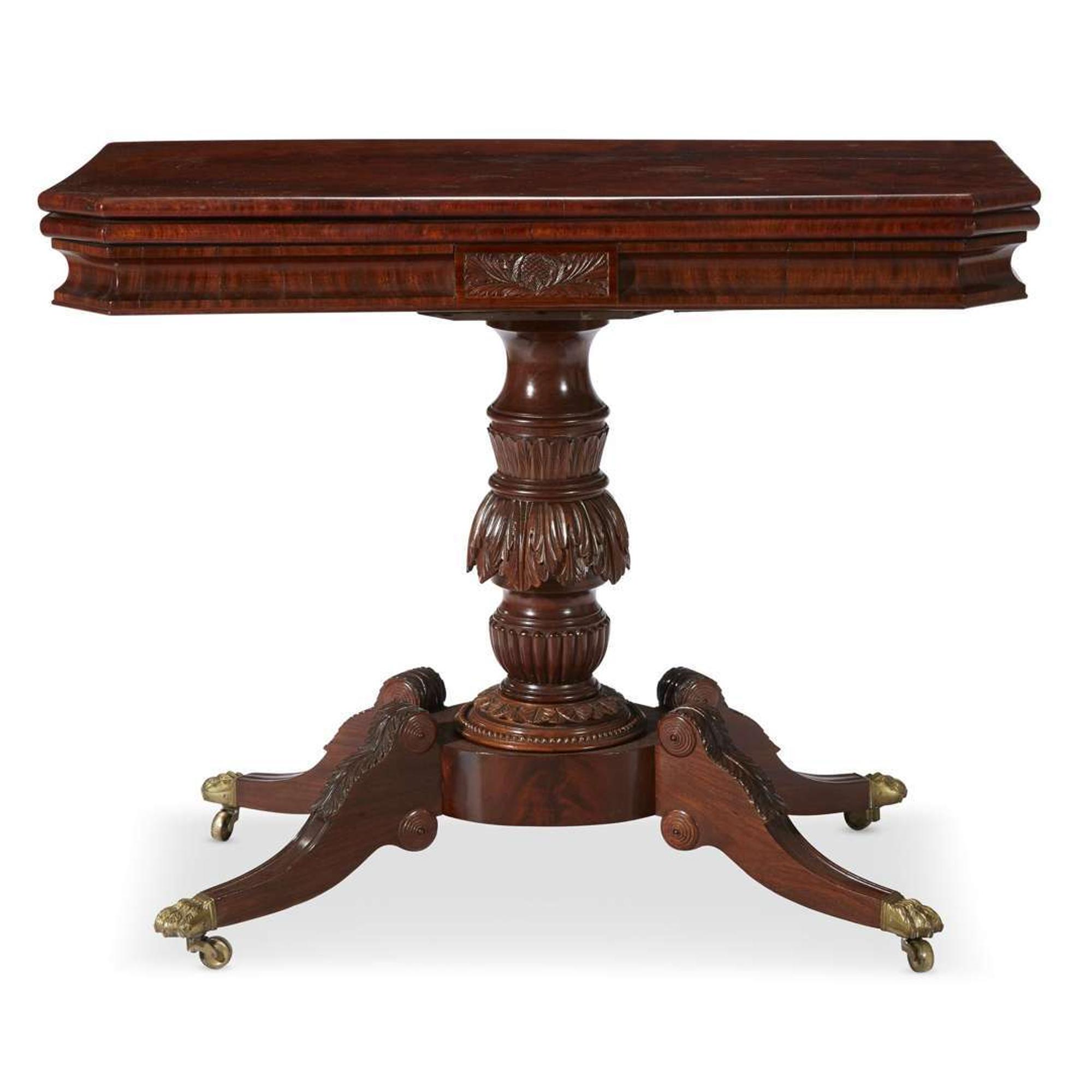 Classical carved and figured mahogany card table New York, NY, circa 1827