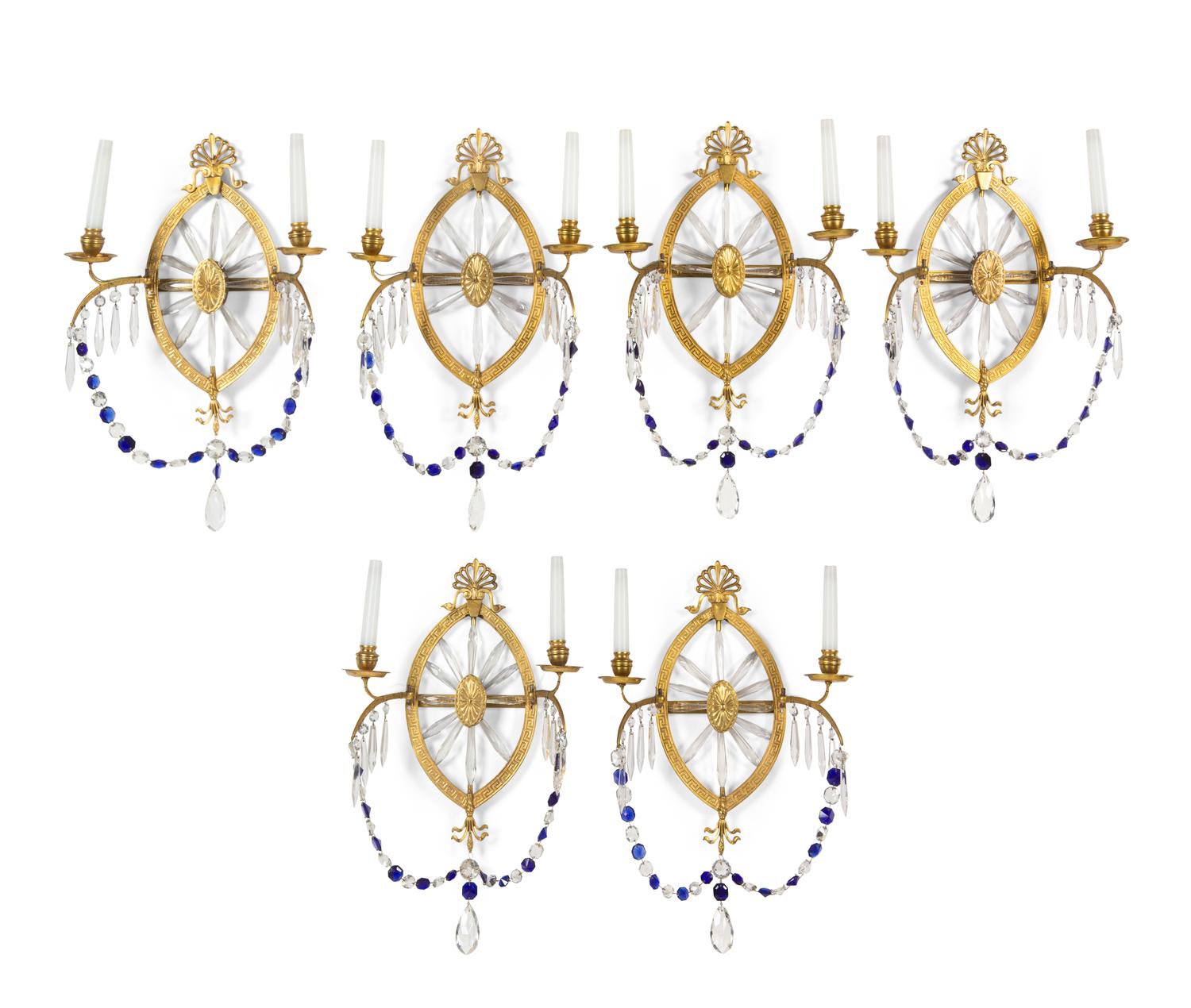 A Set of Six Swedish Neoclassical Gilt Bronze, Cobalt and Colorless Cut Glass Wall Lights