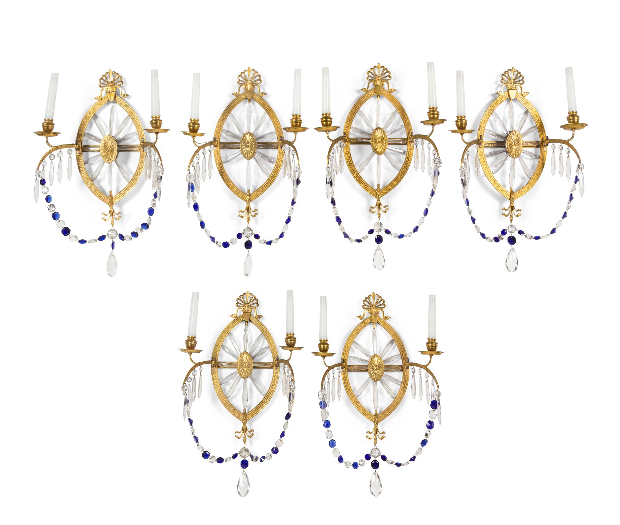 A Set of Six Swedish Neoclassical Gilt Bronze, Cobalt and Colorless Cut Glass Wall Lights