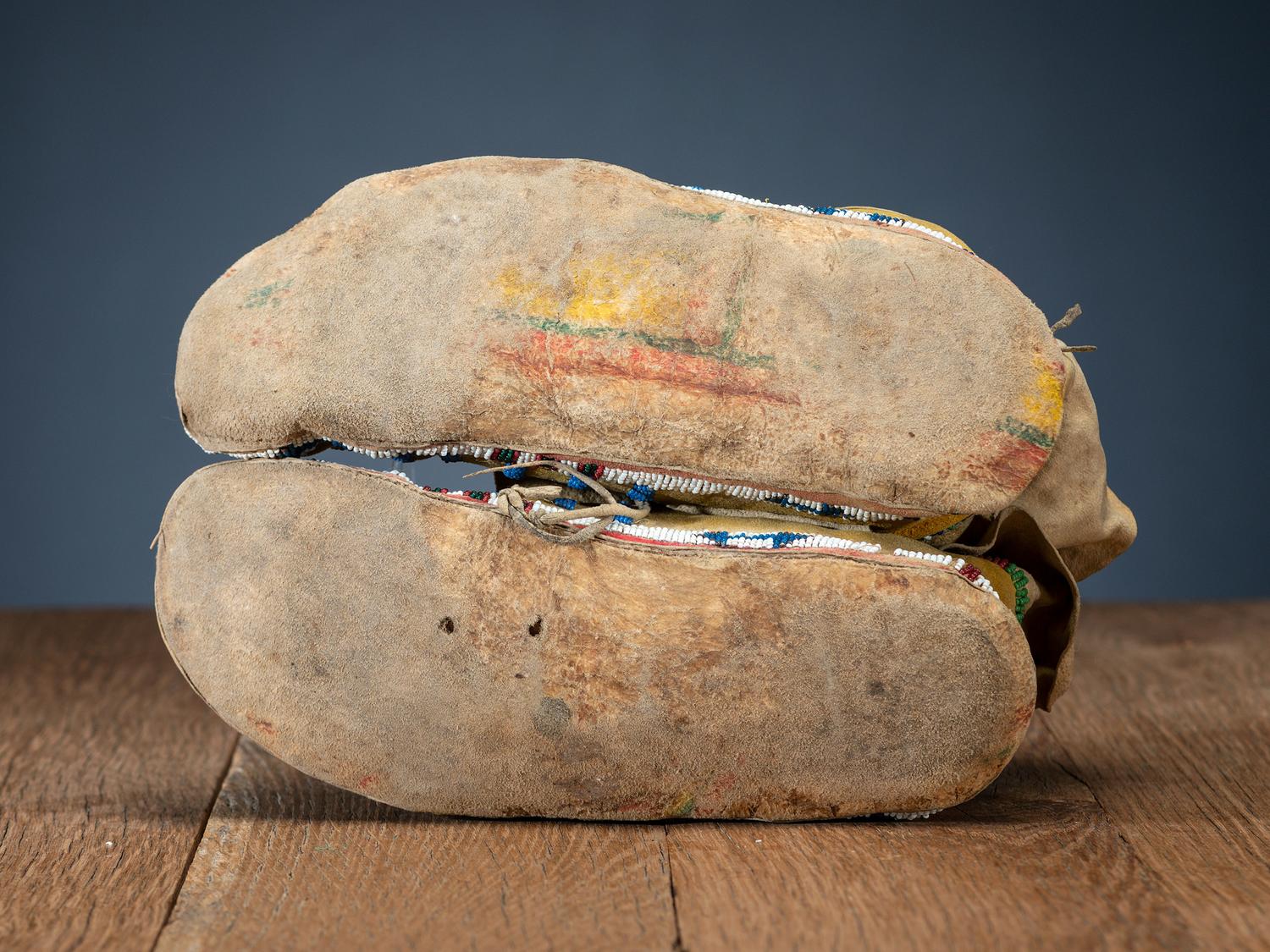 Northern Plains Beaded Hide Moccasins, with Recycled Parfleche Soles