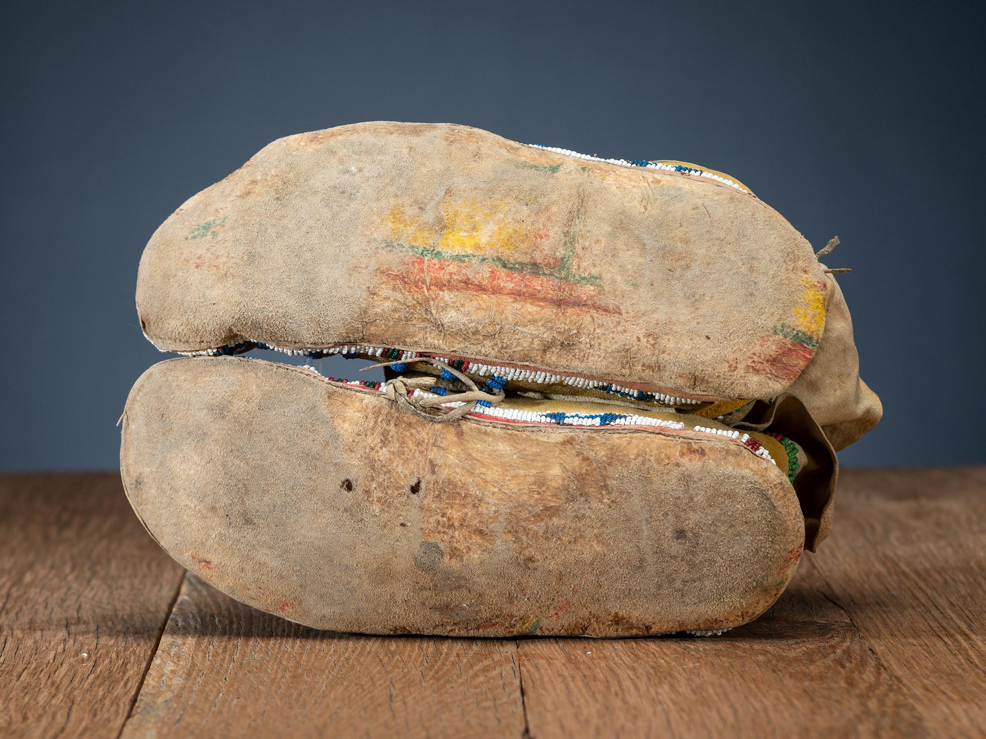 Northern Plains Beaded Hide Moccasins, with Recycled Parfleche Soles