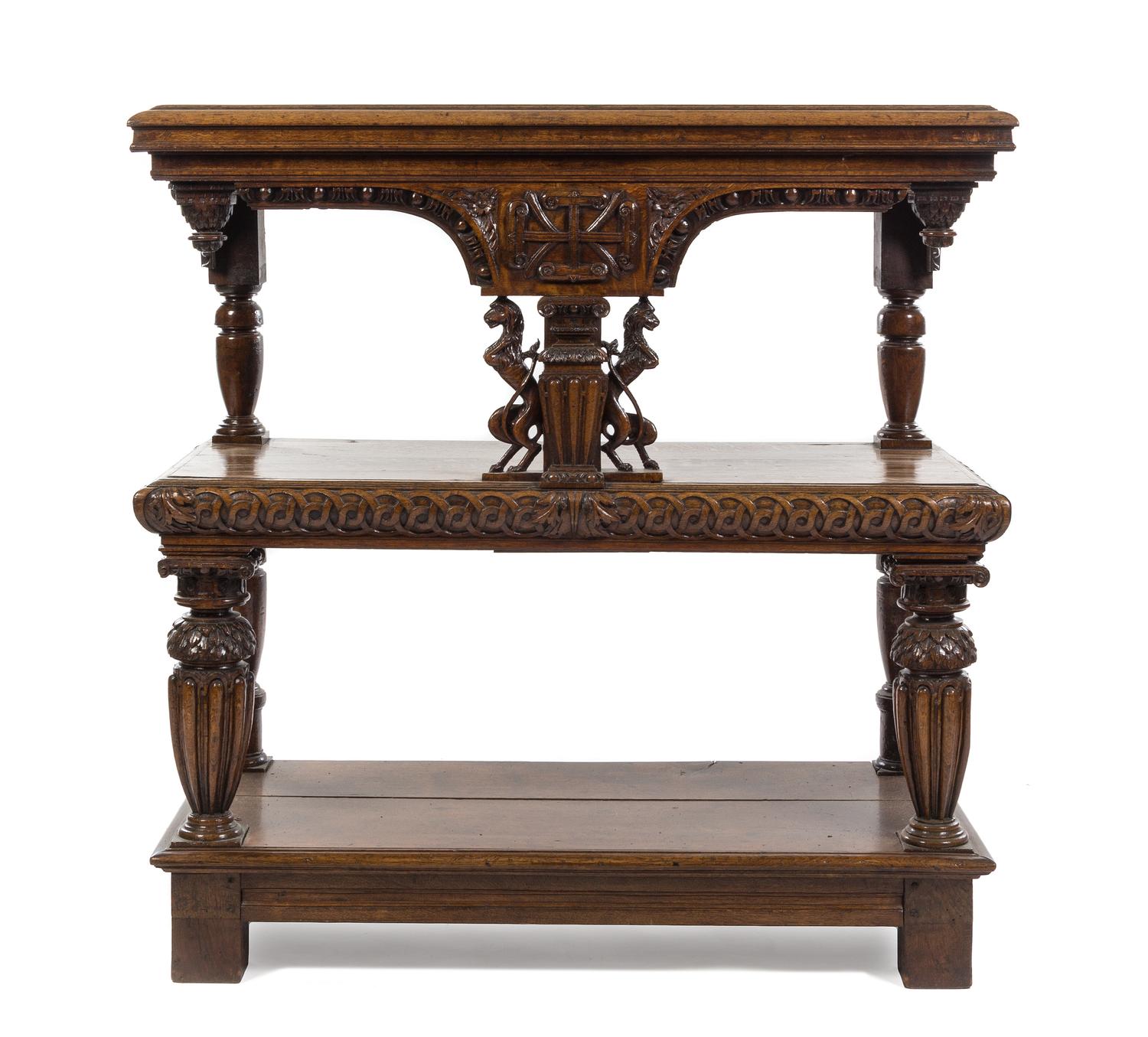 An English Carved Oak Court Cupboard Height 51 1/4 x width 50 1/2 x depth 23 1/2 inches. — 17TH CENTURY
