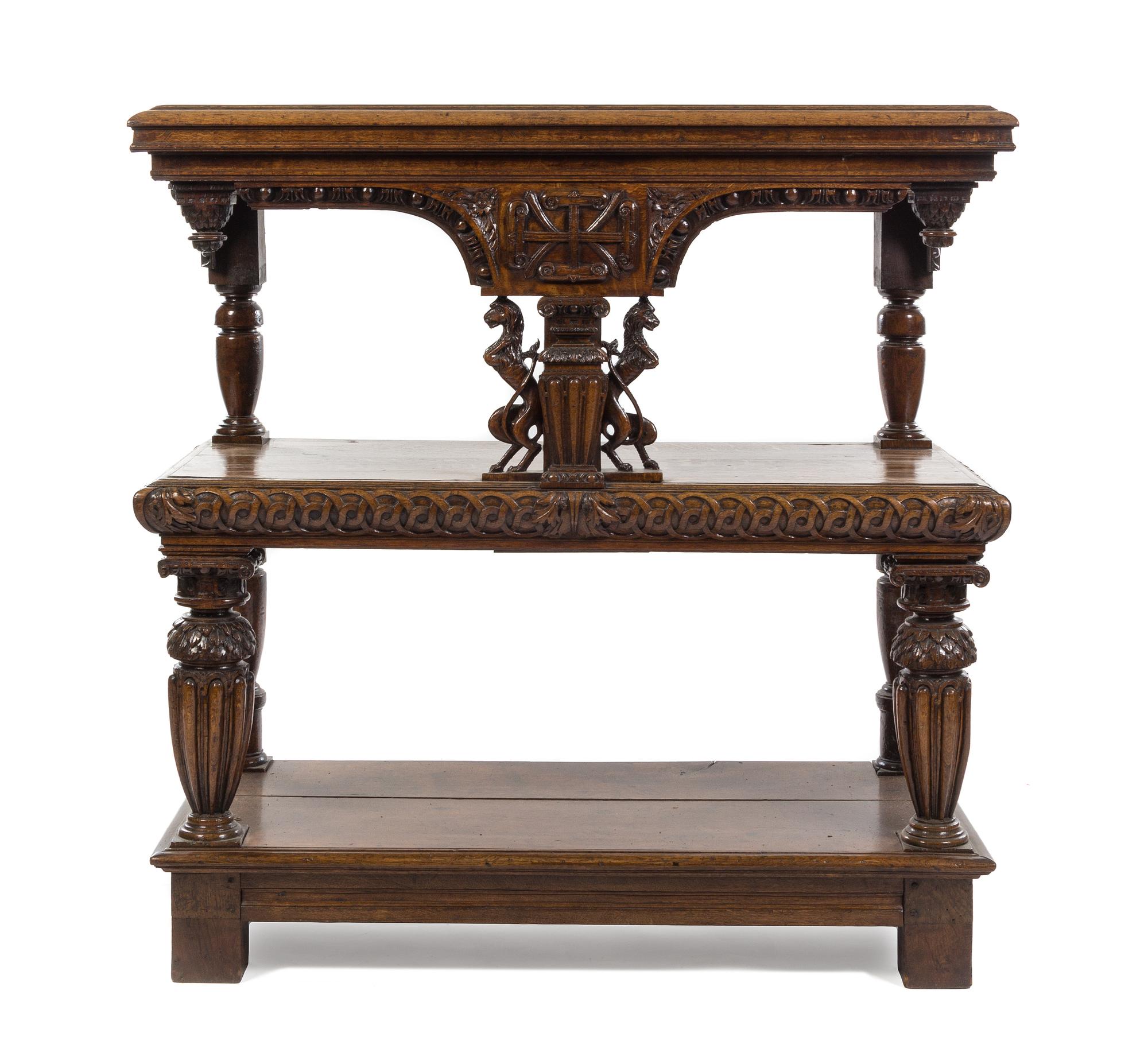 An English Carved Oak Court Cupboard Height 51 1/4 x width 50 1/2 x depth 23 1/2 inches. — 17TH CENTURY