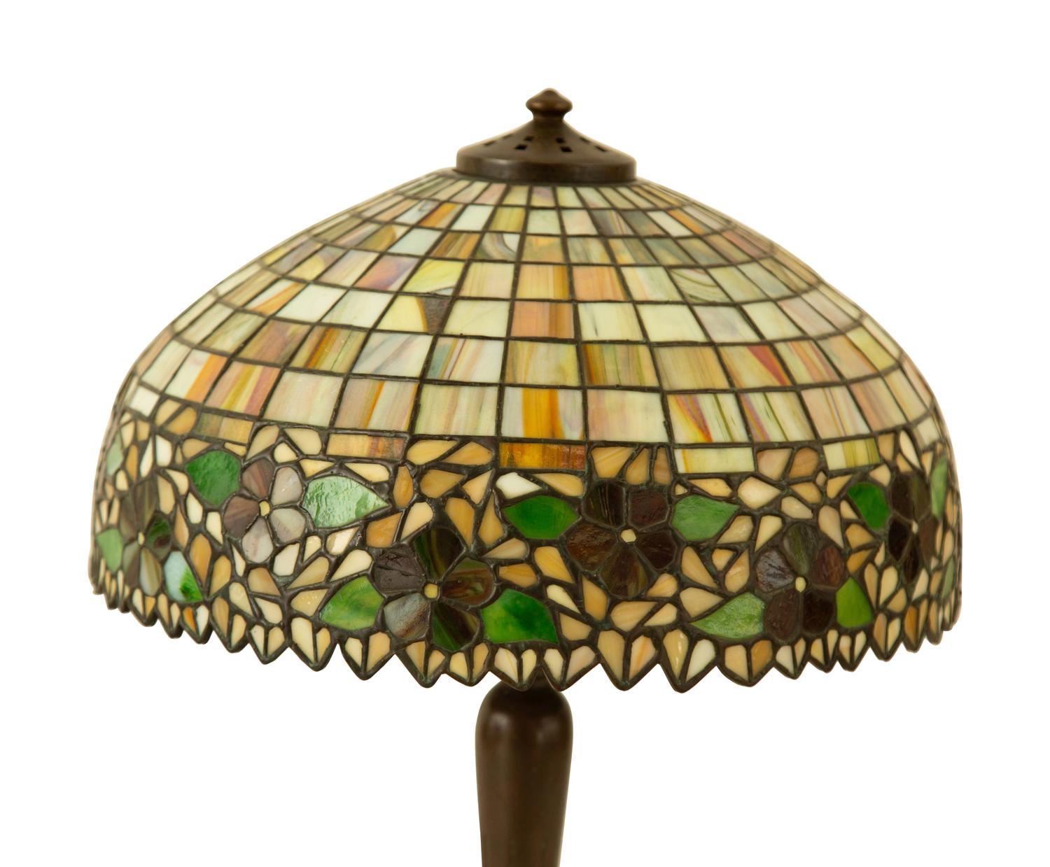 An American Leaded Glass and Patinated Metal Table Lamp