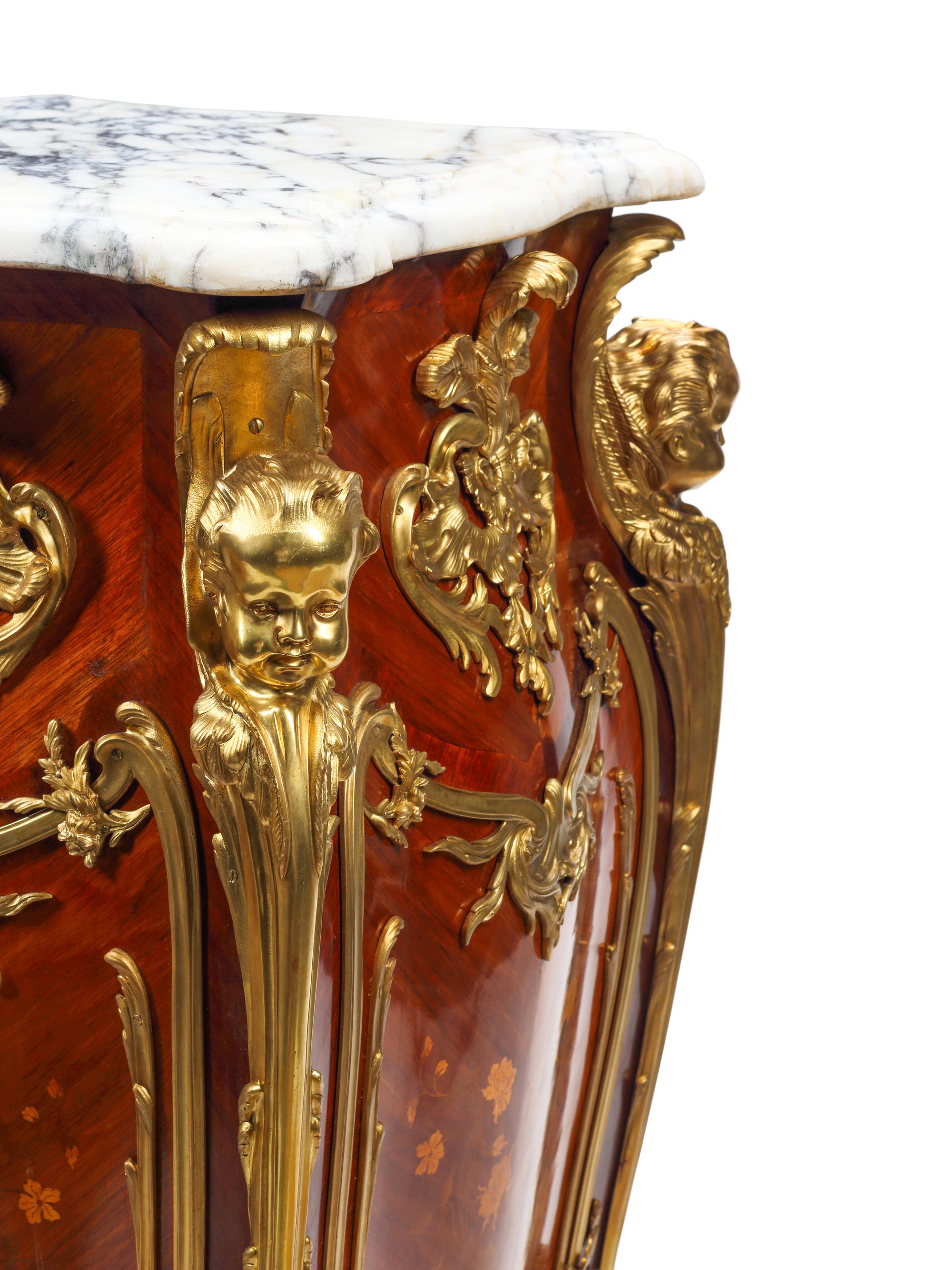 A Pair of Louis XV Style Gilt Bronze Mounted Marquetry Marble-Top Pedestals