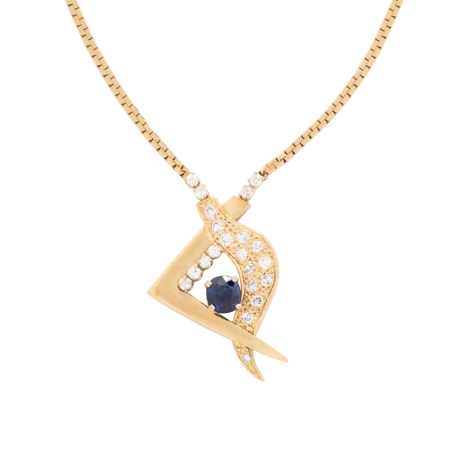 YELLOW GOLD, SYNTHETIC SAPPHIRE AND DIAMOND NECKLACE