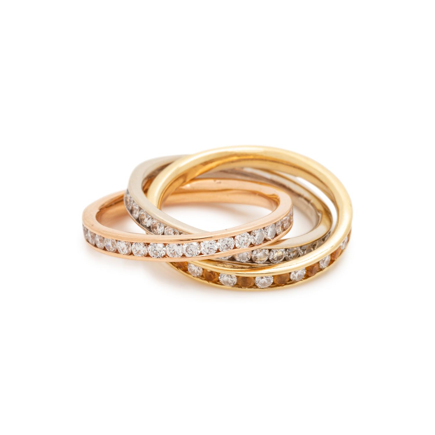TRICOLOR GOLD, DIAMOND AND GEMSTONE ROLLING RING