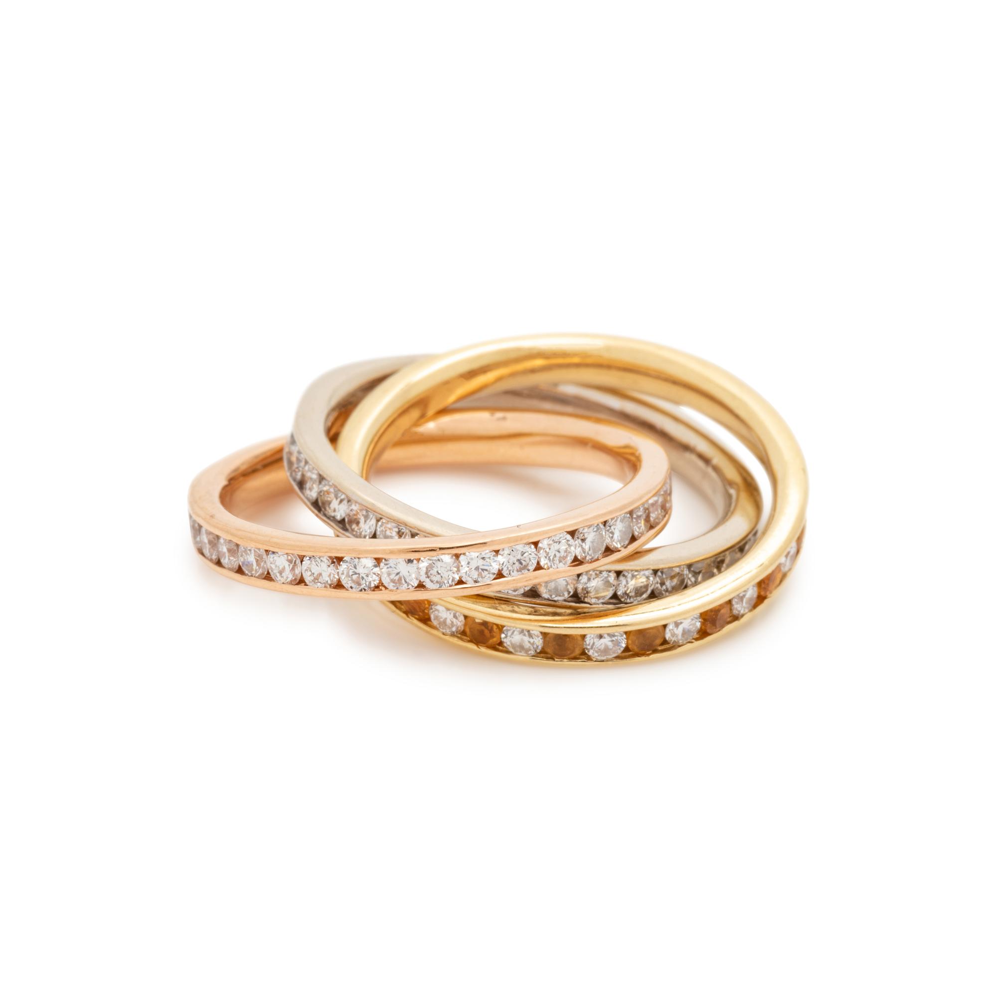 TRICOLOR GOLD, DIAMOND AND GEMSTONE ROLLING RING