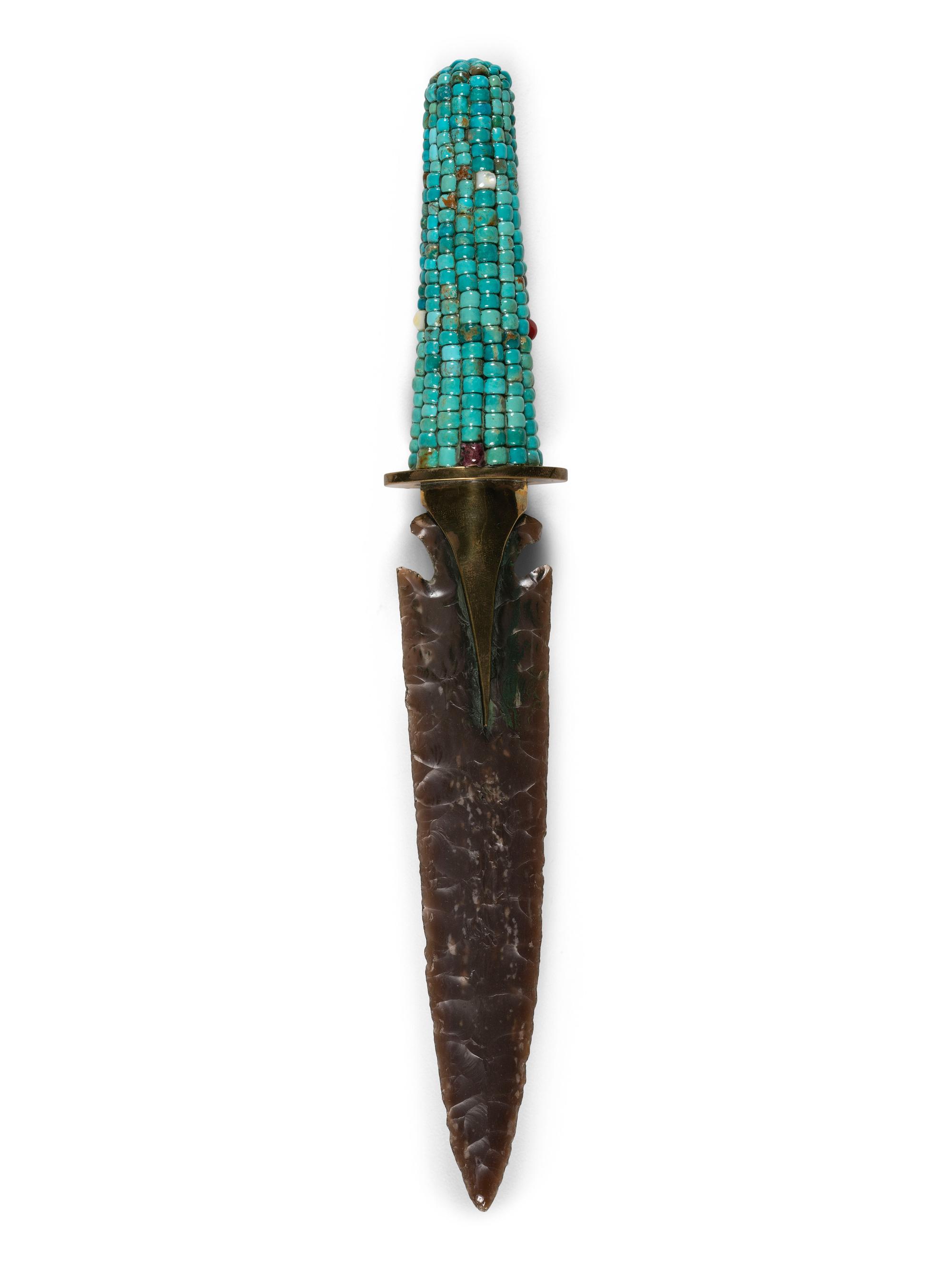 Knife River Flint Knife with Turquoise Corn Handle