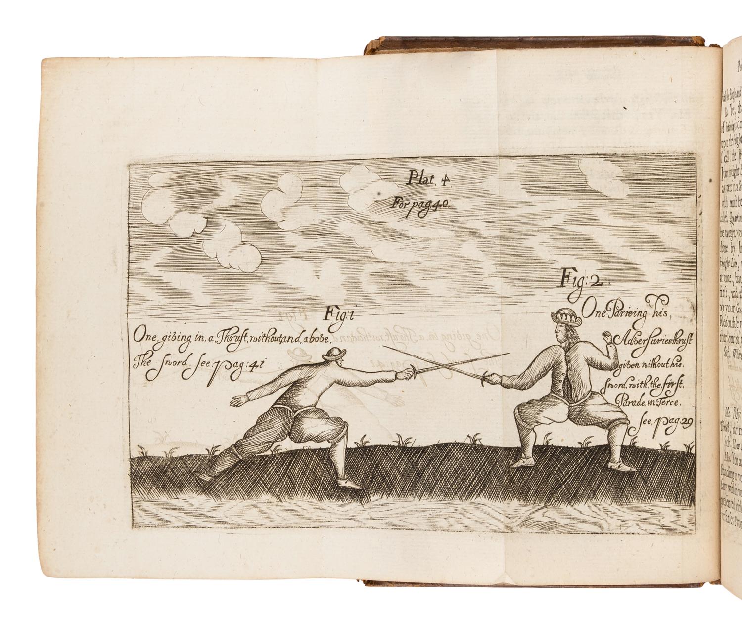 HOPE, William, Sir (1664-1729). The Compleat Fencing-Master: In which is fully Described the whole Guards, Parades and Lessons belonging to the Small-Sword; as also the best rules for playing against either artists or others, with blunts or sharps . London: for Dorman Newman, 1692.