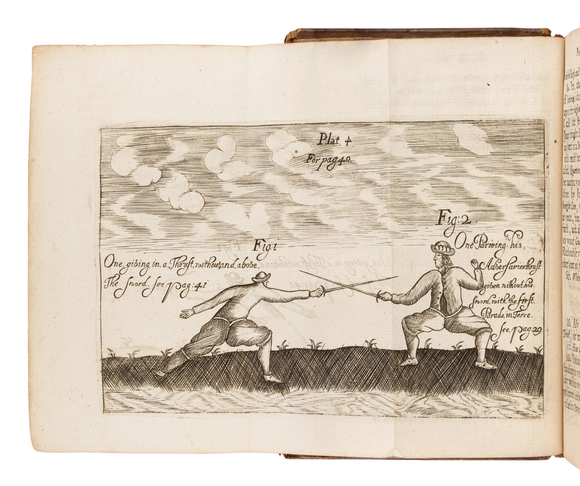 HOPE, William, Sir (1664-1729). The Compleat Fencing-Master: In which is fully Described the whole Guards, Parades and Lessons belonging to the Small-Sword; as also the best rules for playing against either artists or others, with blunts or sharps . London: for Dorman Newman, 1692.