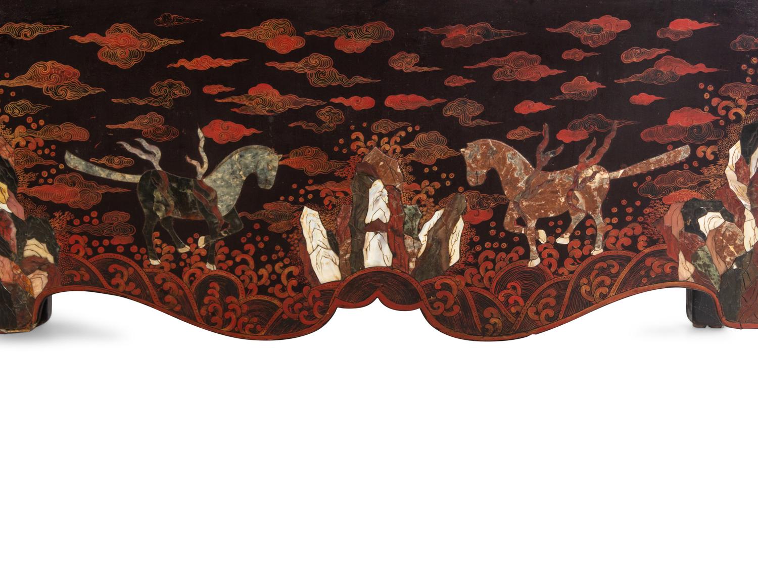A Large Pair of Chinese Soapstone and Hardstone Inlaid Brown Lacquer Cabinets