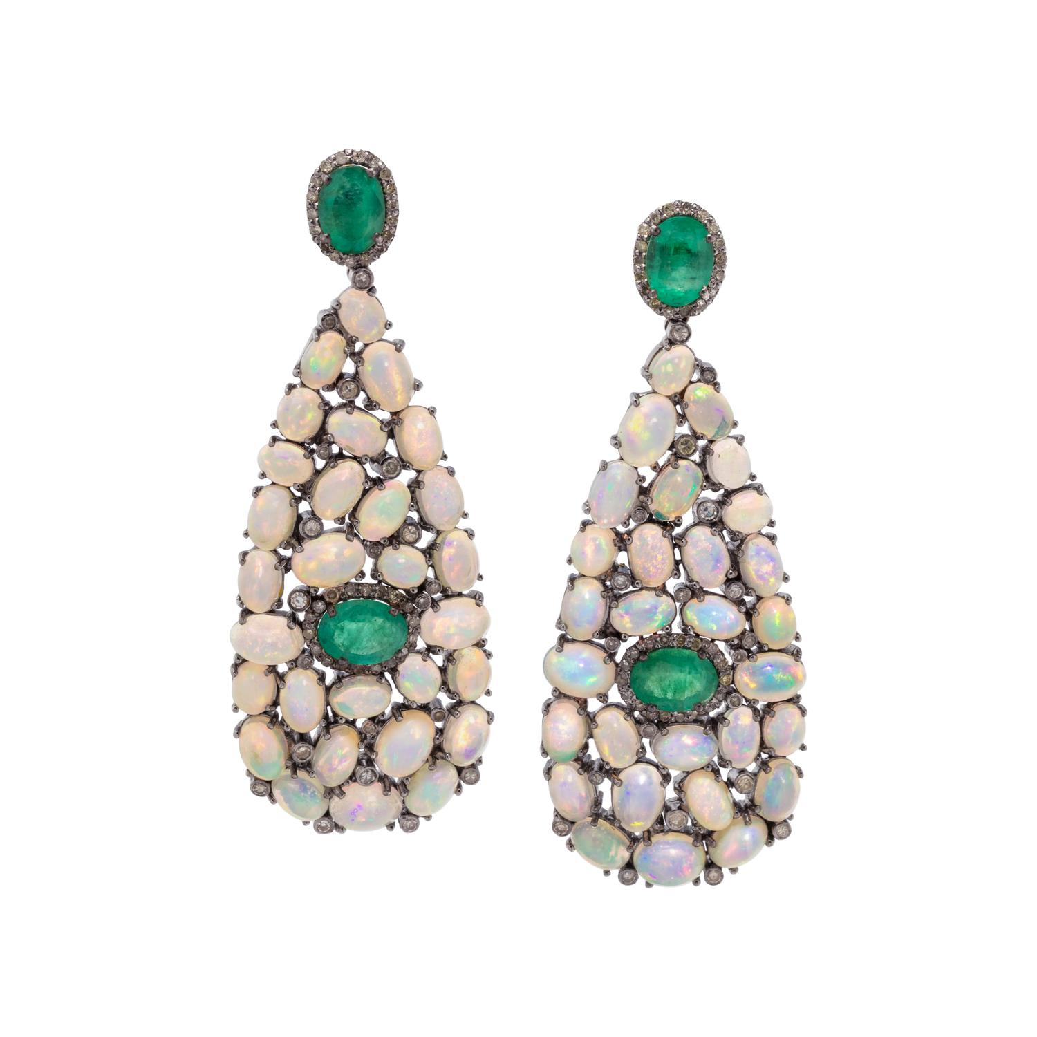 OPAL, EMERALD AND DIAMOND EARRINGS