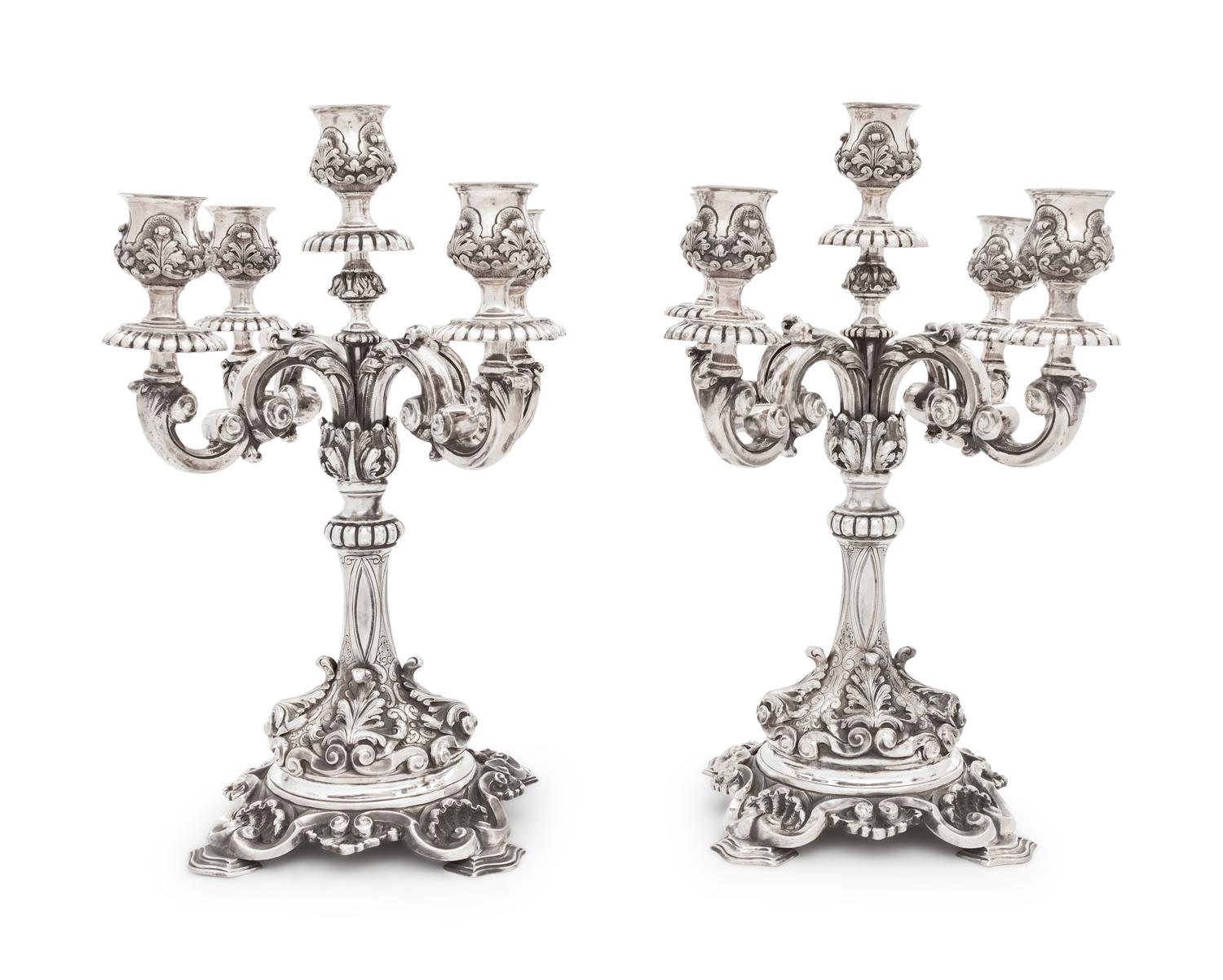 A Pair of J.C. Moore & Son-Era Tiffany & Co. Silver Five-Light Candelabra