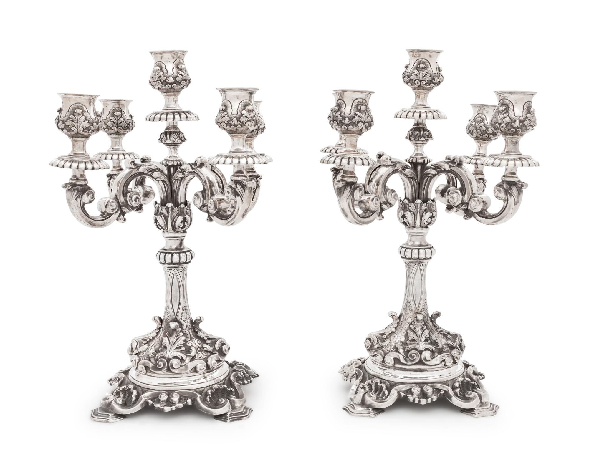 A Pair of J.C. Moore & Son-Era Tiffany & Co. Silver Five-Light Candelabra