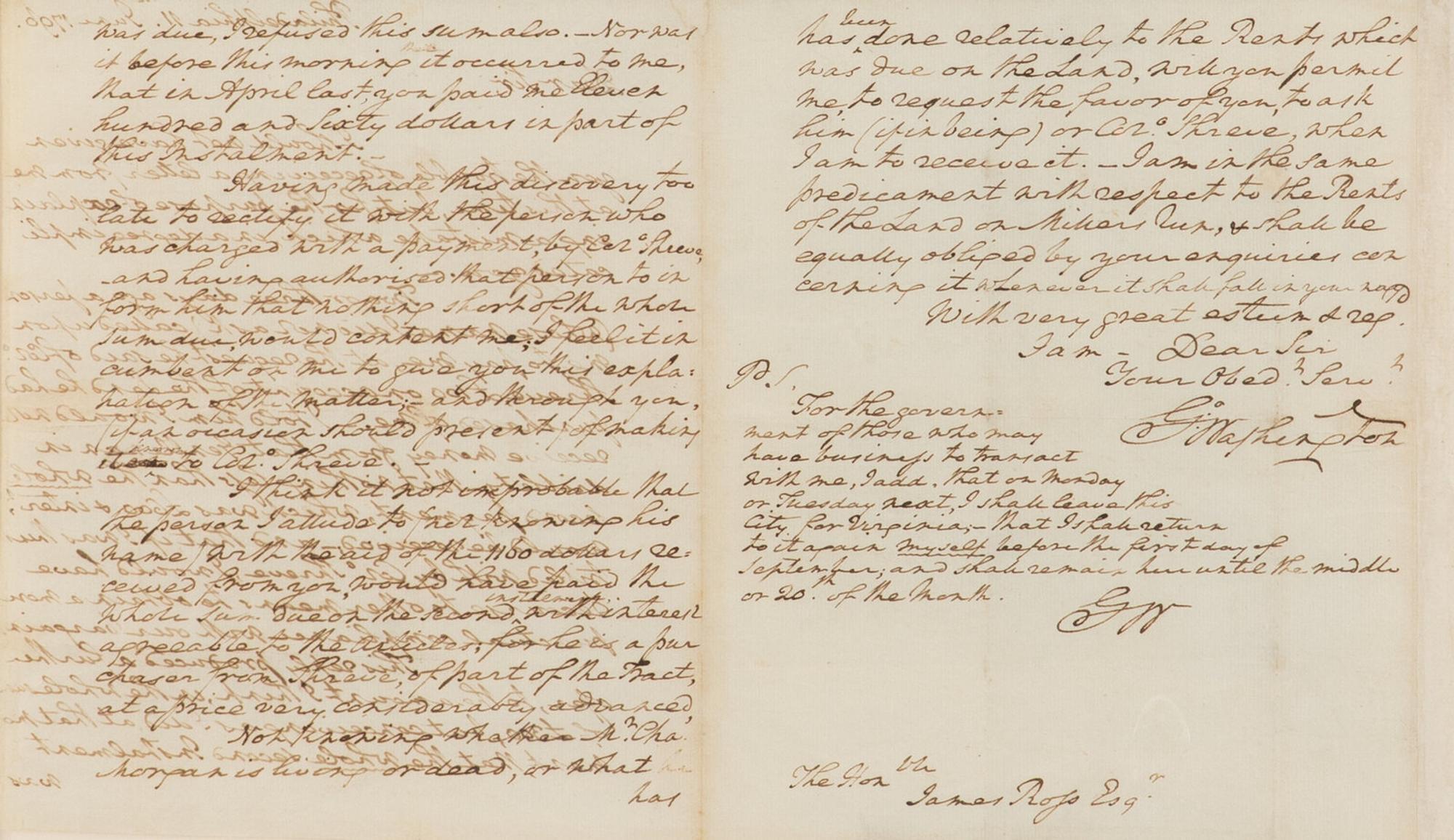 WASHINGTON, George (1732-1799). Autograph letter signed twice as first President ("G: Washington") and ("GW") to Pennsylvania Senator James Ross, Philadelphia, 11 June 1796.