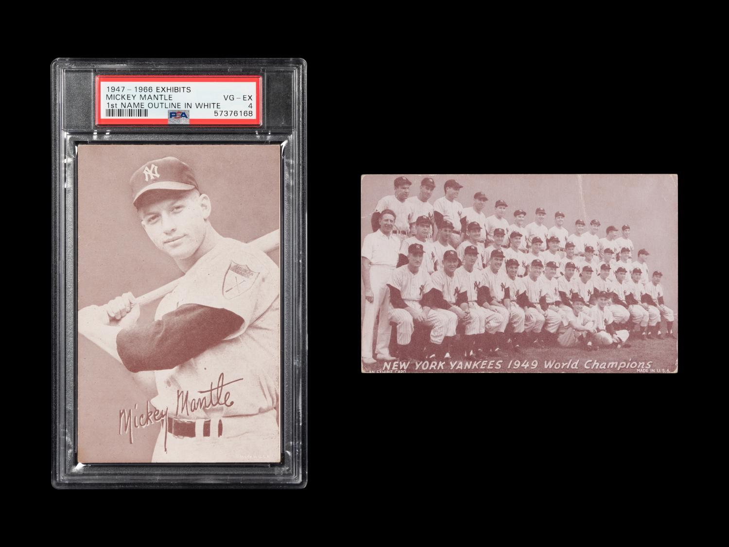 A 1947-1966 Mickey Mantle (Outline In White) Exhibit Card (PSA 4 VG-EX) and a 1949 New York Yankees World Champion Exhibit Card