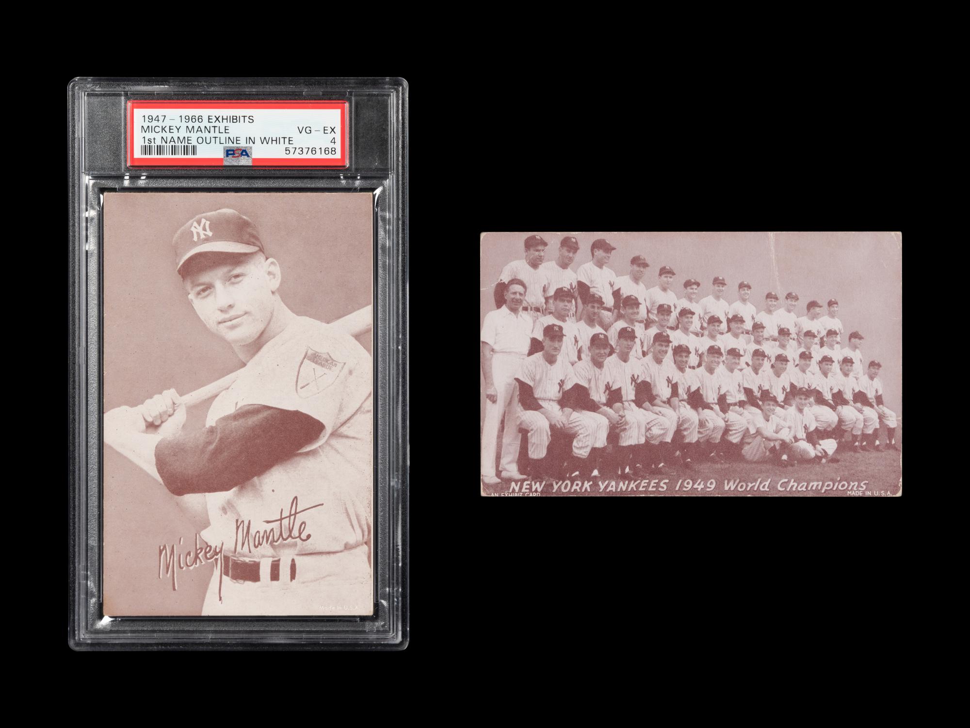 A 1947-1966 Mickey Mantle (Outline In White) Exhibit Card (PSA 4 VG-EX) and a 1949 New York Yankees World Champion Exhibit Card