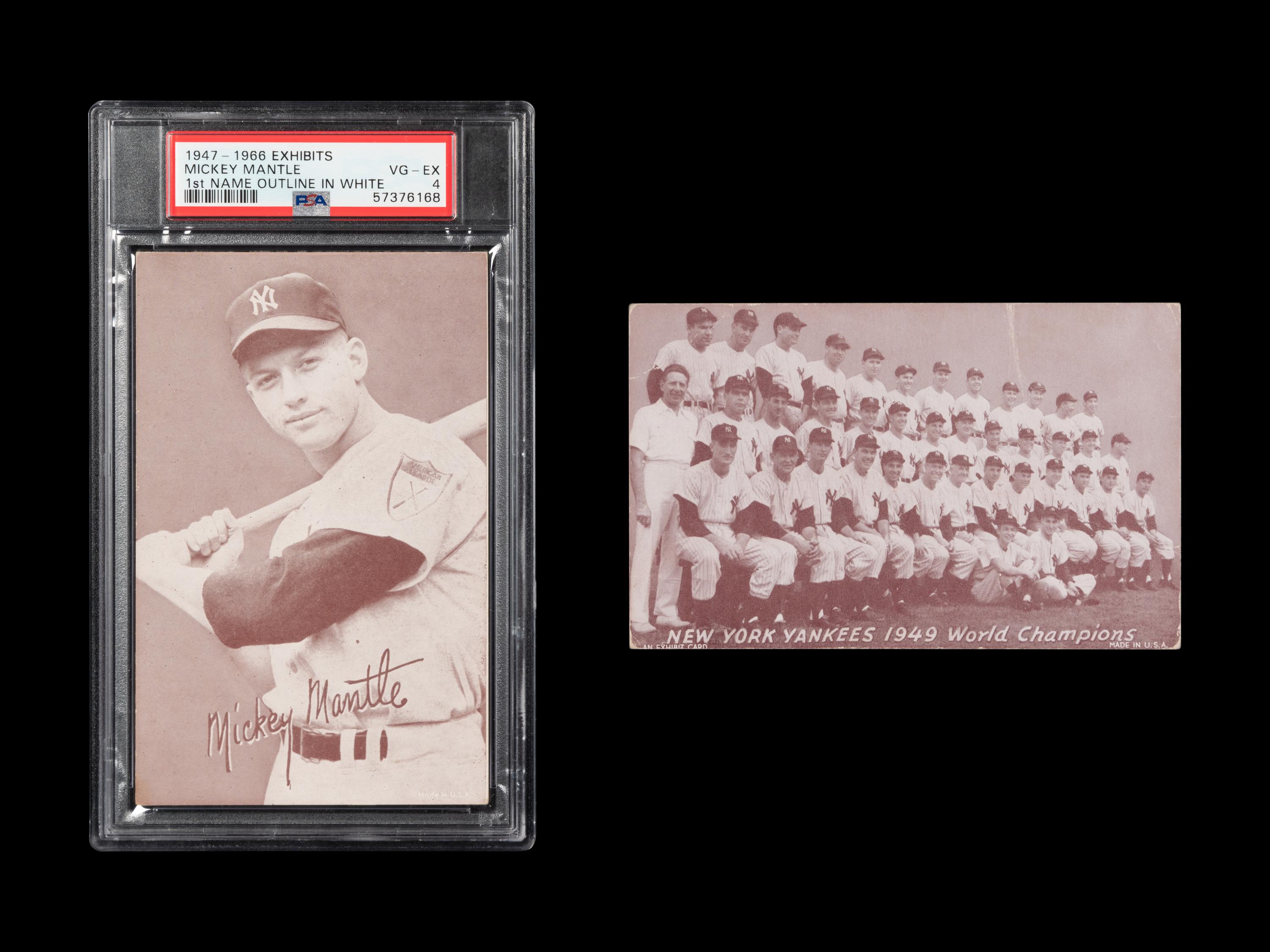 A 1947-1966 Mickey Mantle (Outline In White) Exhibit Card (PSA 4 VG-EX) and a 1949 New York Yankees World Champion Exhibit Card