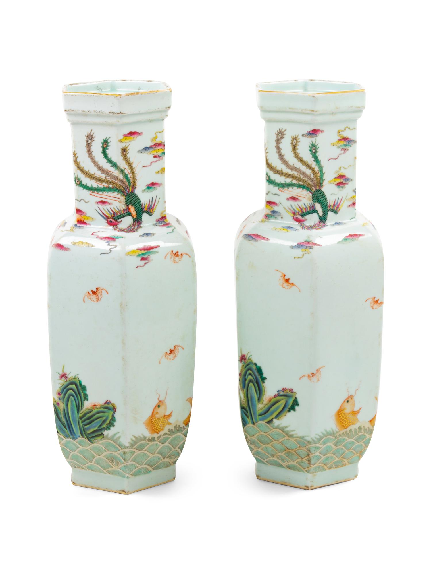 A Pair of Chinese Famille Rose Porcelain Hexagonal Vases