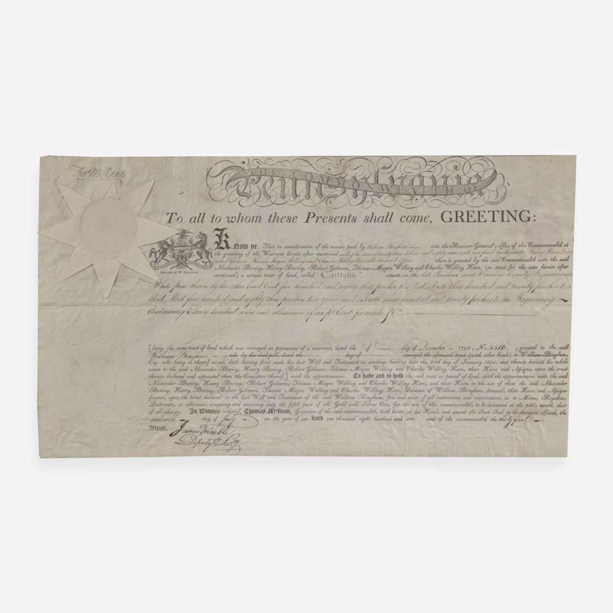 [Declaration of Independence] [Delaware] McKean, Thomas Partially-Printed Document, signed