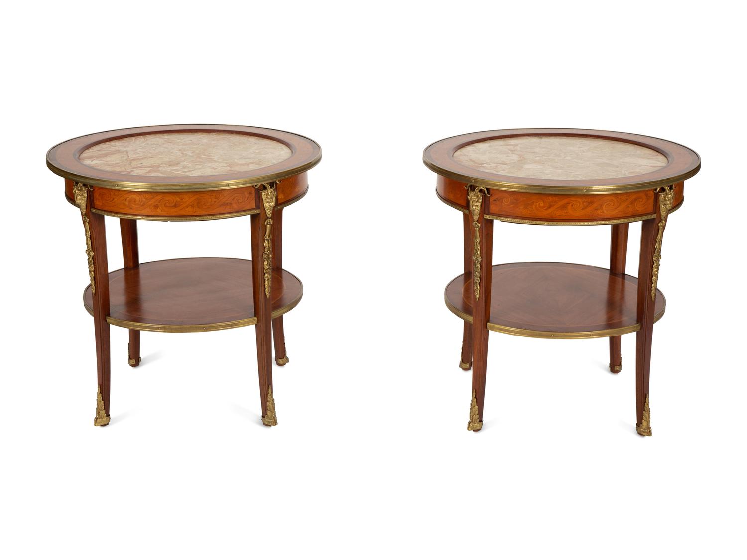 A Pair of Louis Philippe Style Gilt-Bronze Mounted Mahogany Side Tables with Inset Marble Top.