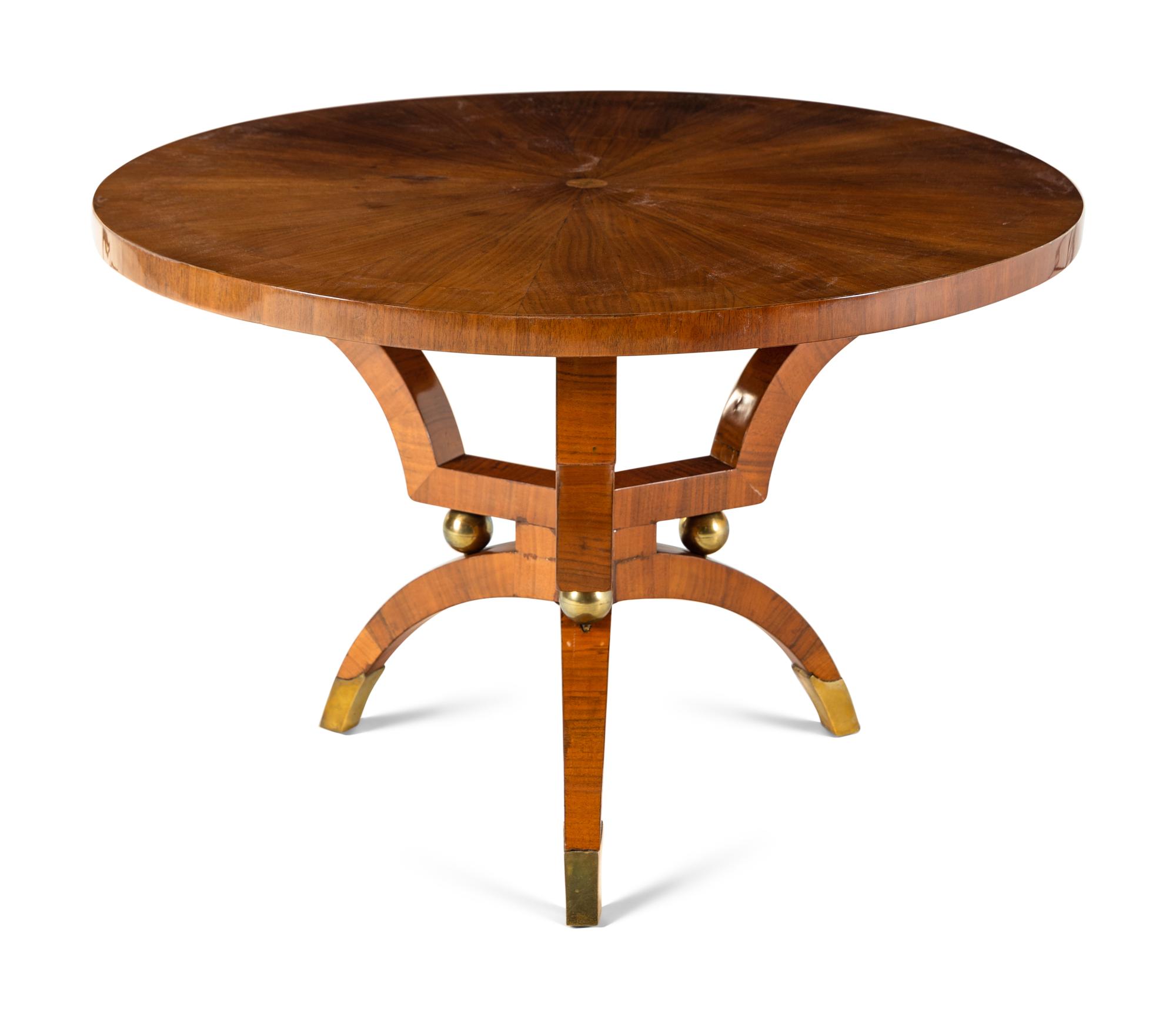 A Continental Brass Mounted Radially-Veneered Center Table