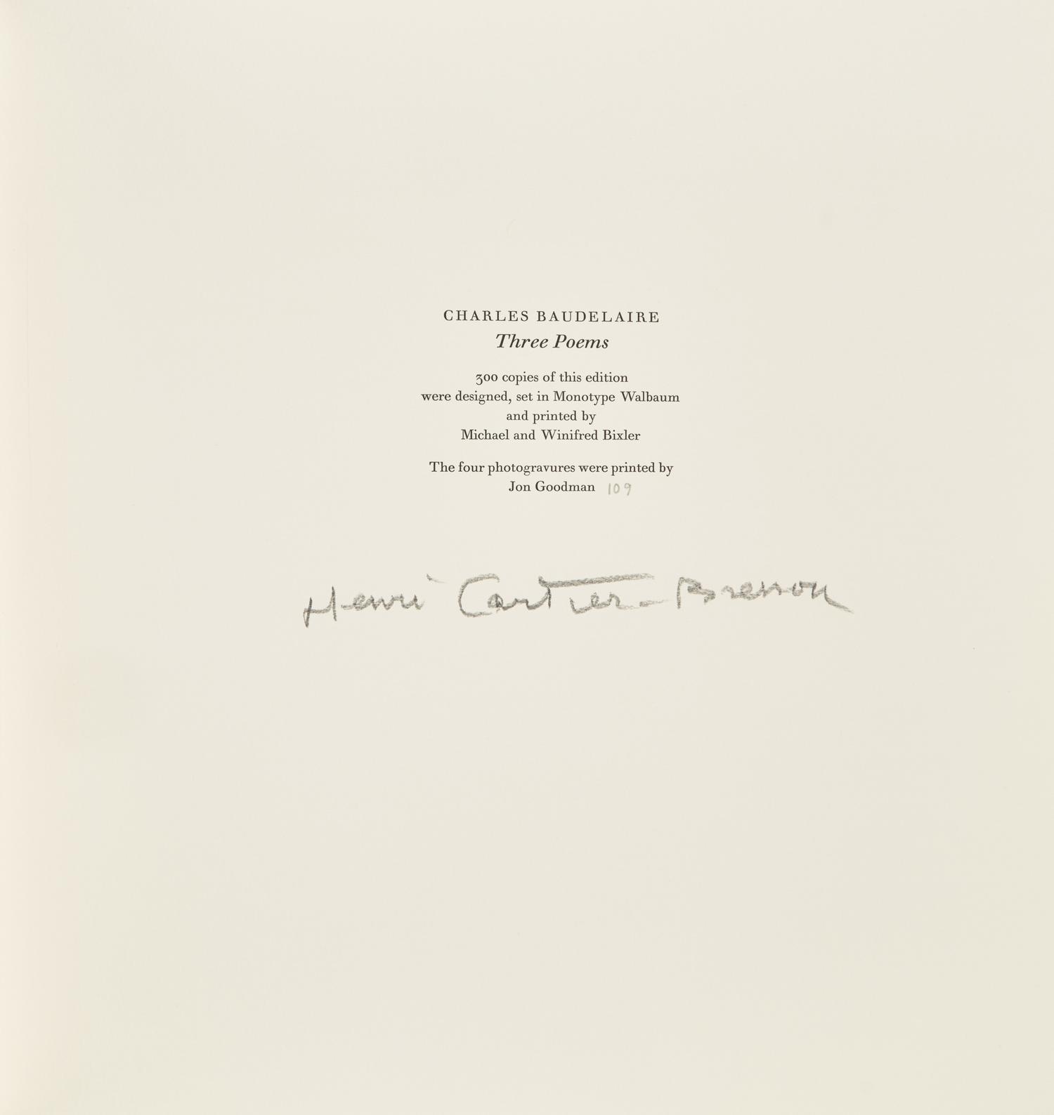 [LIMITED EDITIONS CLUB]. BAUDELAIRE, Charles (1821-1867). Three Poems from Les Fleurs du Mal The Flowers of Evil. New York: The Limited Editions Club, 1997.