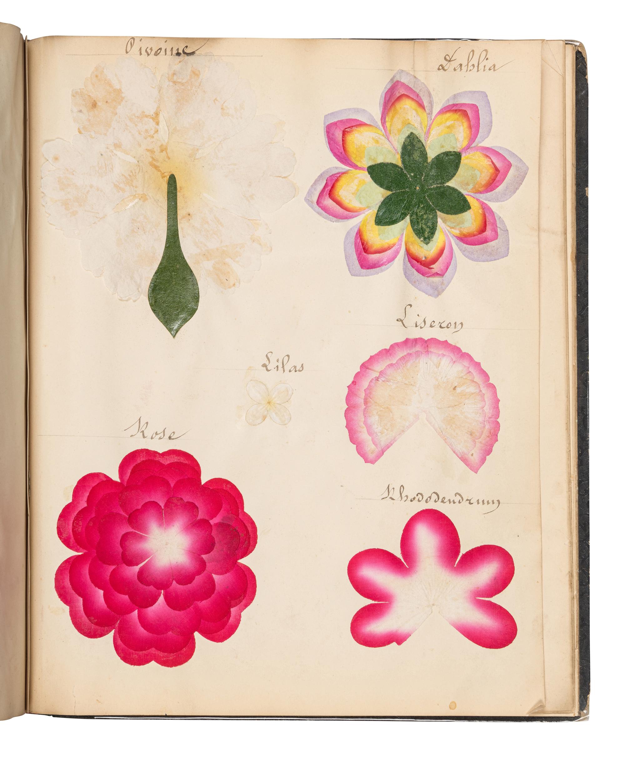 [SPECIMEN ALBUM - ARTIFICIAL LEAVES AND FLOWERS]. Collection of artificial leaves and flowers. [France, ca 1880?].