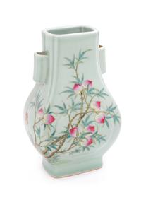 A Celadon Ground Famille Rose Porcelain Hu Vase Height 11 1/8 inches. — GUANGXU PERIOD (1875-1908)
