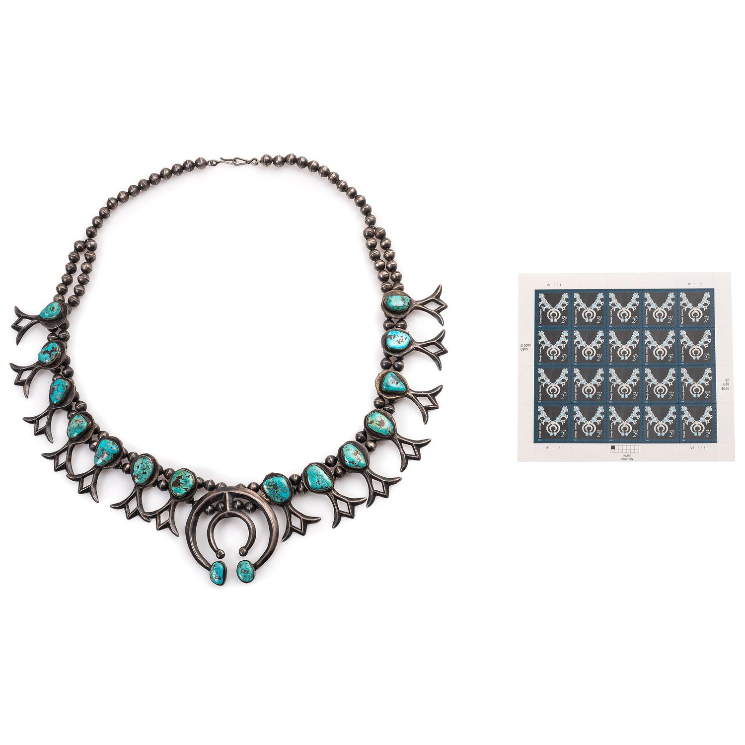Navajo Sand Cast Silver and Turquoise Squash Blossom, Pictured on a U.S. Stamp