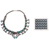 Navajo Sand Cast Silver and Turquoise Squash Blossom, Pictured on a U.S. Stamp