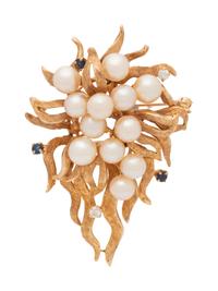 A 14 Karat Yellow Gold, Cultured Pearl, Diamond and Sapphire Brooch,