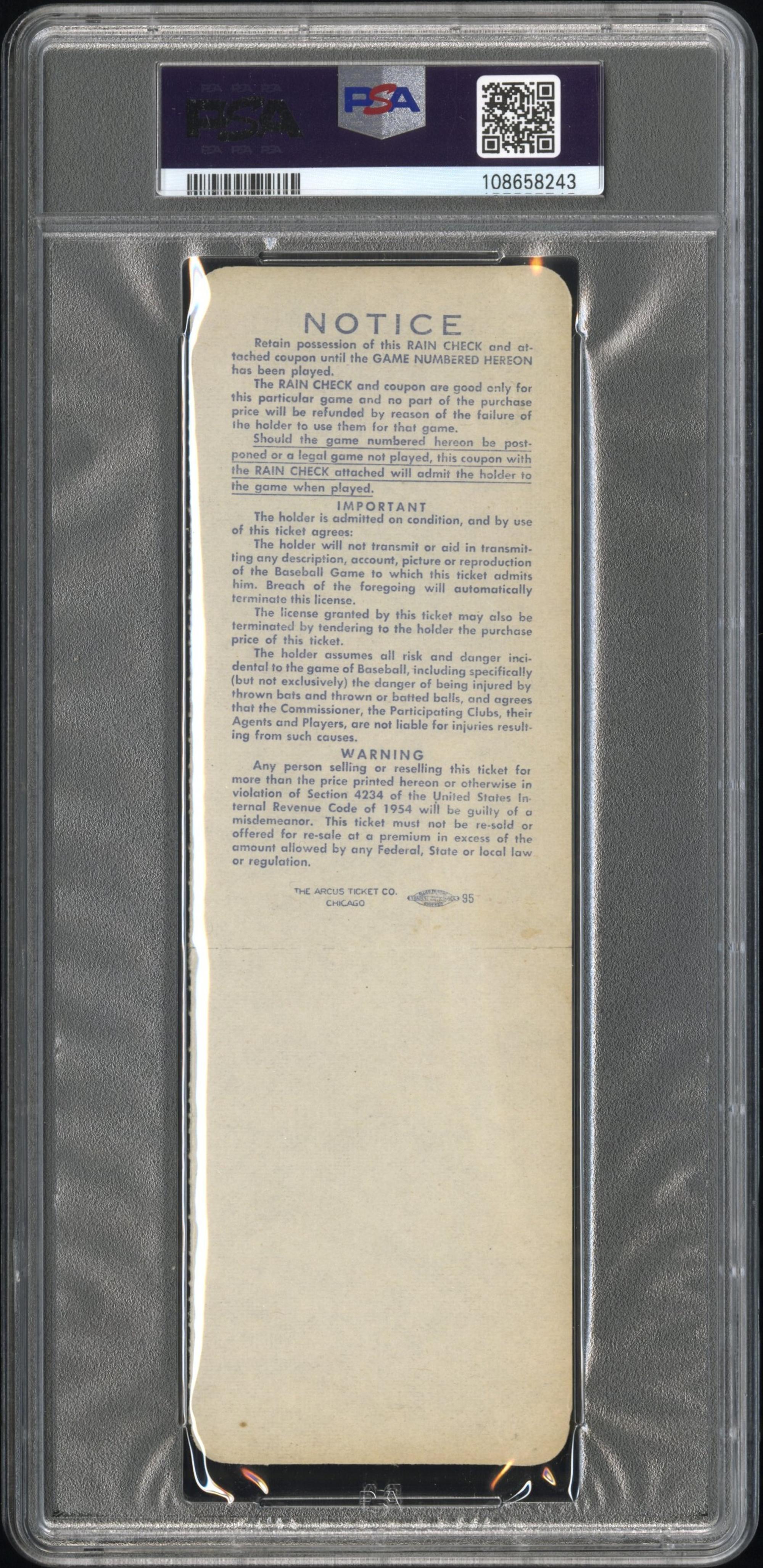 A 1959 World Series Game One Full Ticket - Sandy Koufax World Series Debut (PSA 6 EX-MT) - POP Four, Only Five Higher