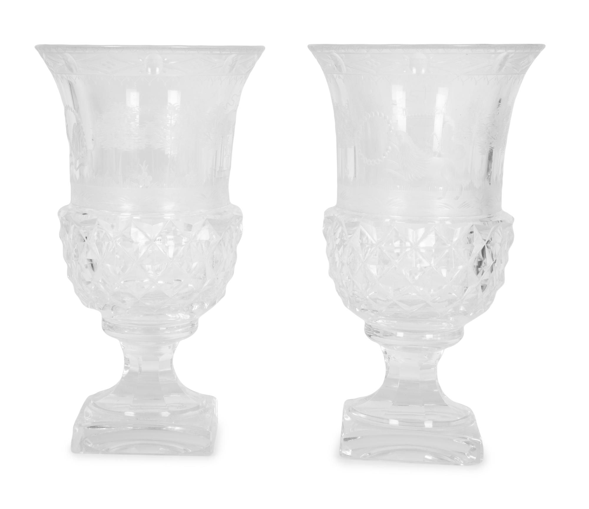 A Pair of English Cut and Etched Glass Vases — 19TH CENTURY
