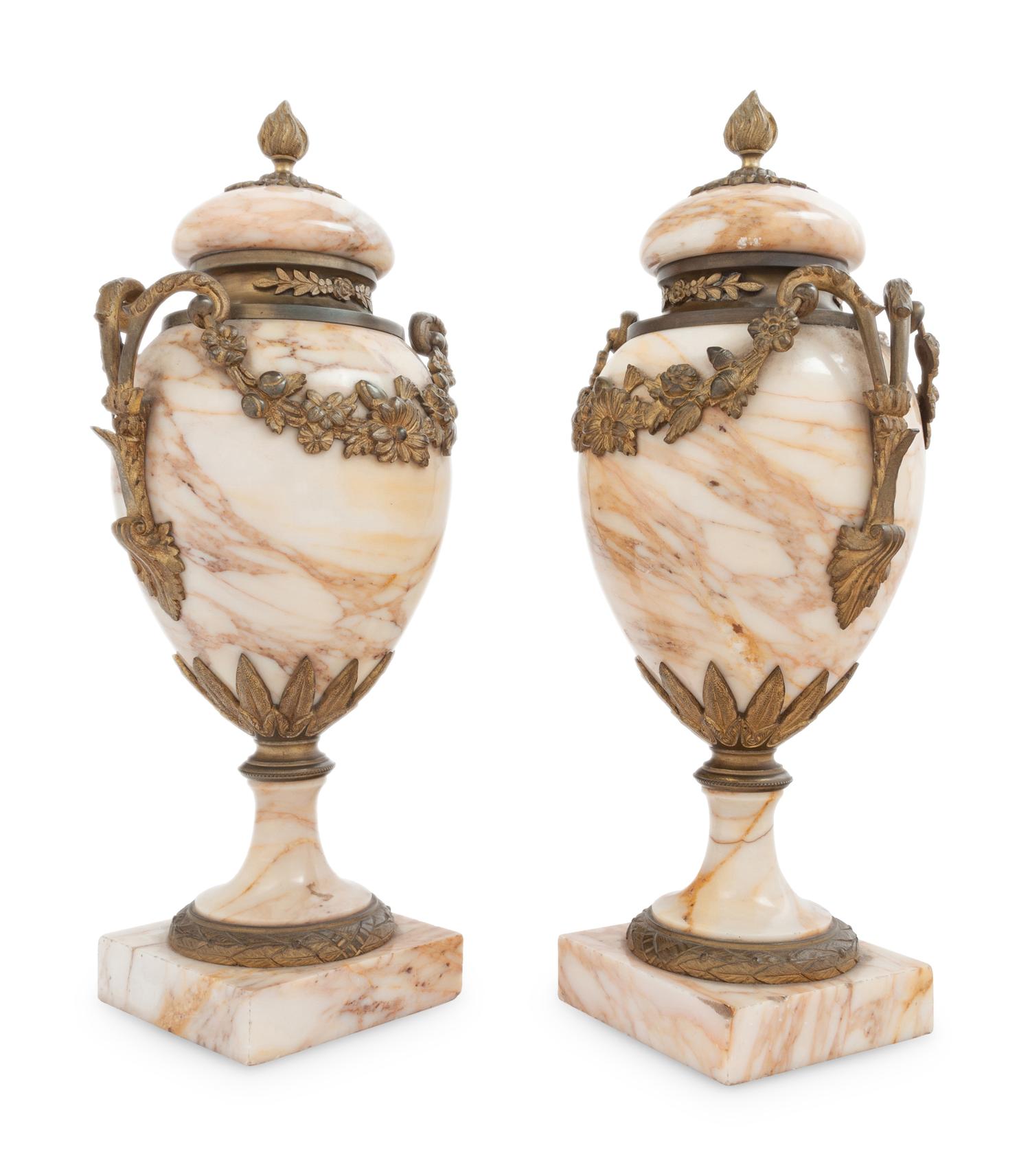 A Pair of Gilt Bronze Mounted Marble Urns
