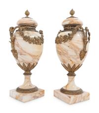 A Pair of Gilt Bronze Mounted Marble Urns