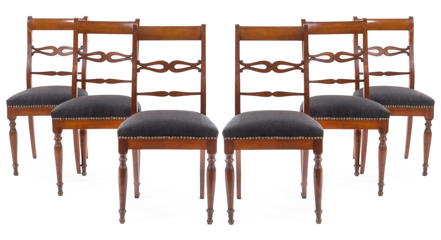 A Set of Six Italian Fruitwood Dining Chairs Height 35 3/4 inches. — LUCCA, CIRCA 1830