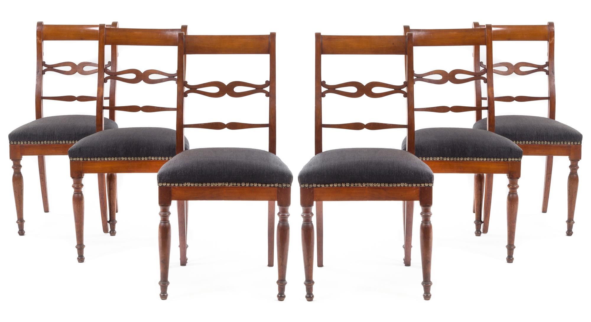 A Set of Six Italian Fruitwood Dining Chairs Height 35 3/4 inches. — LUCCA, CIRCA 1830