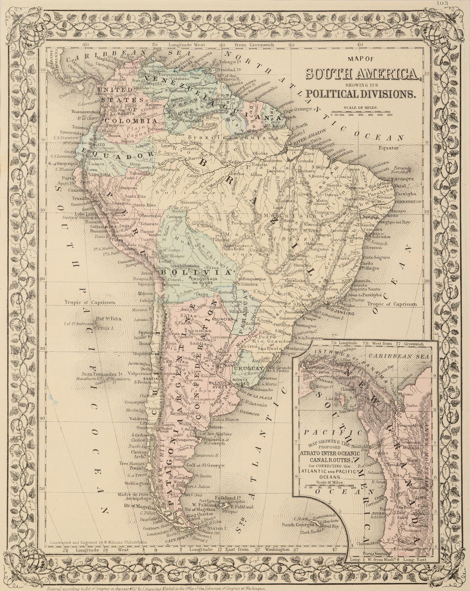 WILLIAMS, W. Map of South America showing its Political Divisions . Philadelphia: N.d. Plate 103. 23 ¼ x 20 ½ in.