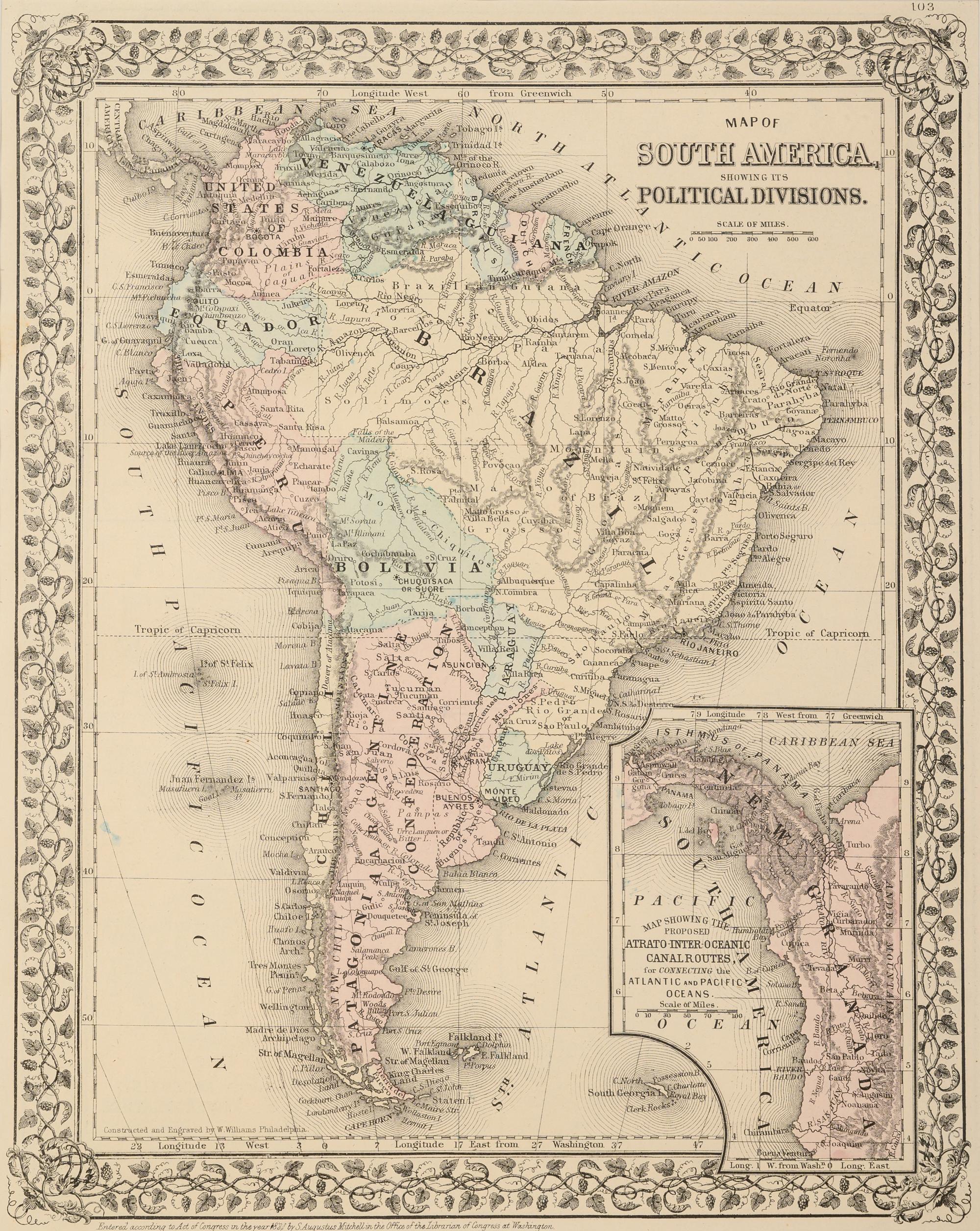 WILLIAMS, W. Map of South America showing its Political Divisions . Philadelphia: N.d. Plate 103. 23 ¼ x 20 ½ in.