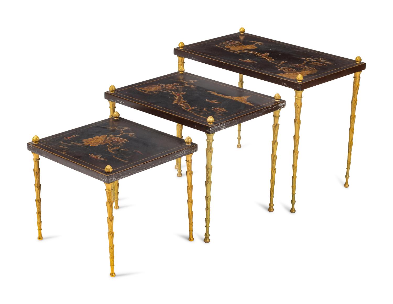 A Set of Three Gilt Metal and Chinese Lacquer Nesting Tables in the Style of Maison Baguès