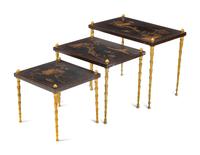 A Set of Three Gilt Metal and Chinese Lacquer Nesting Tables in the Style of Maison Baguès