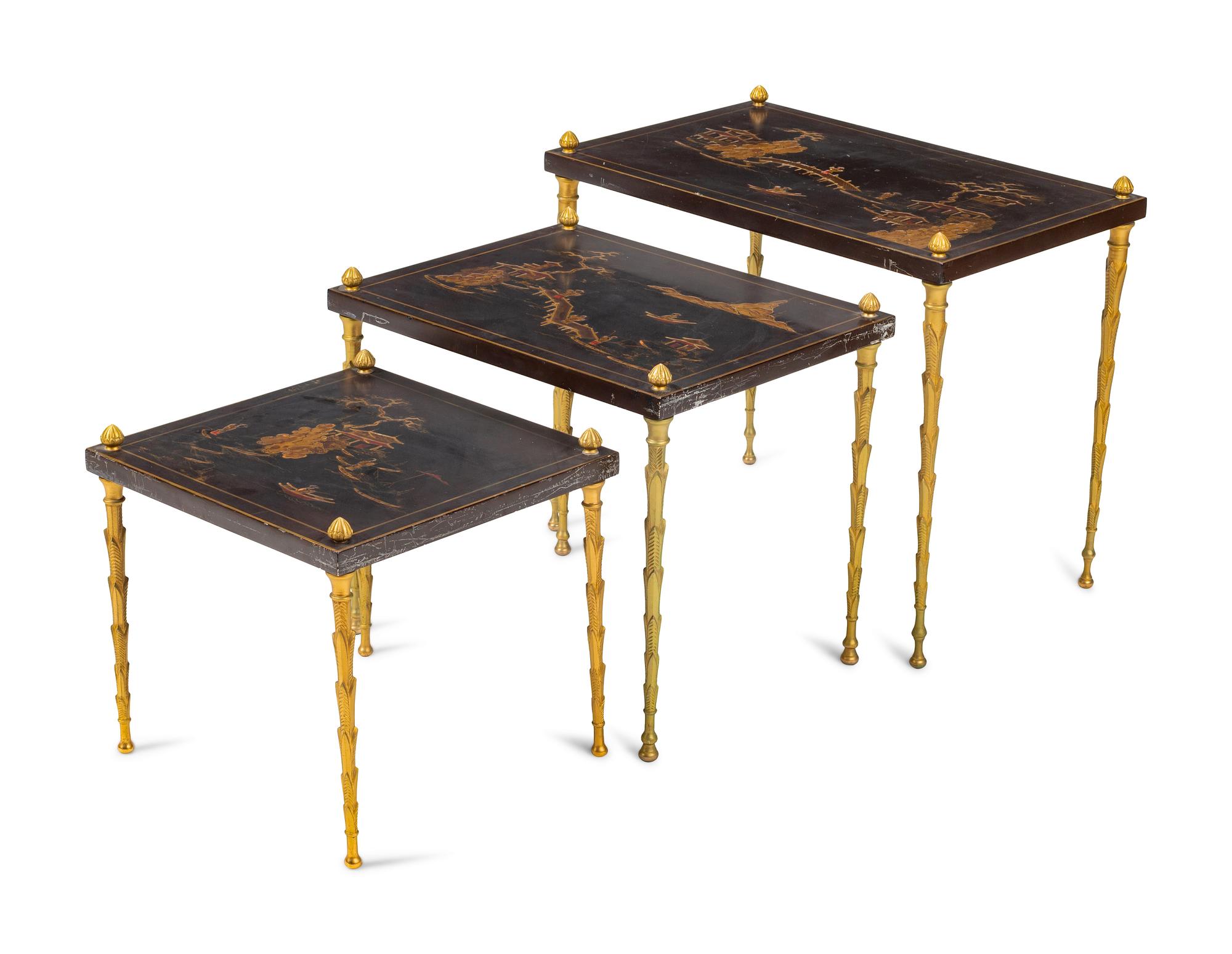 A Set of Three Gilt Metal and Chinese Lacquer Nesting Tables in the Style of Maison Baguès