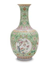 A Chinese Apple Green Ground Famille Rose Porcelain Vase