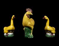 Three Chinese Yellow and Green Glazed Porcelain Birds
