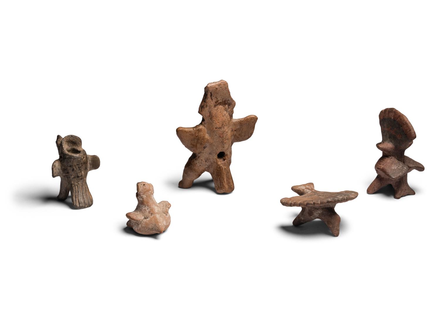 Four Colima Bird Figures and One Veracruz Anthropomorphic Whistle